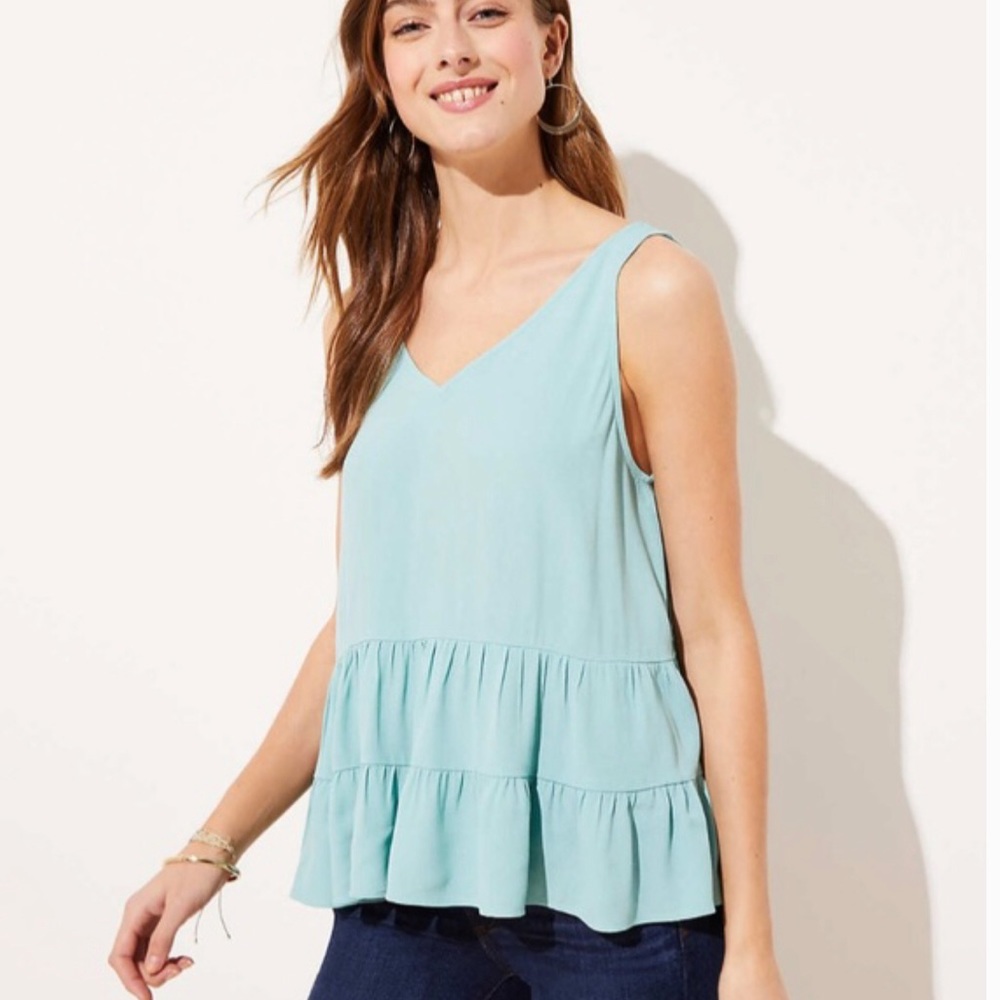 Loft seafoam blue/green tiered ruffle shell, size 16